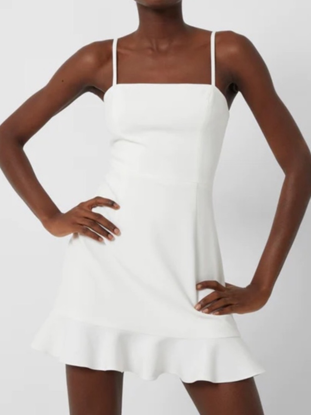 French Connection White Square-Neck Mini Dress with Frill Hem